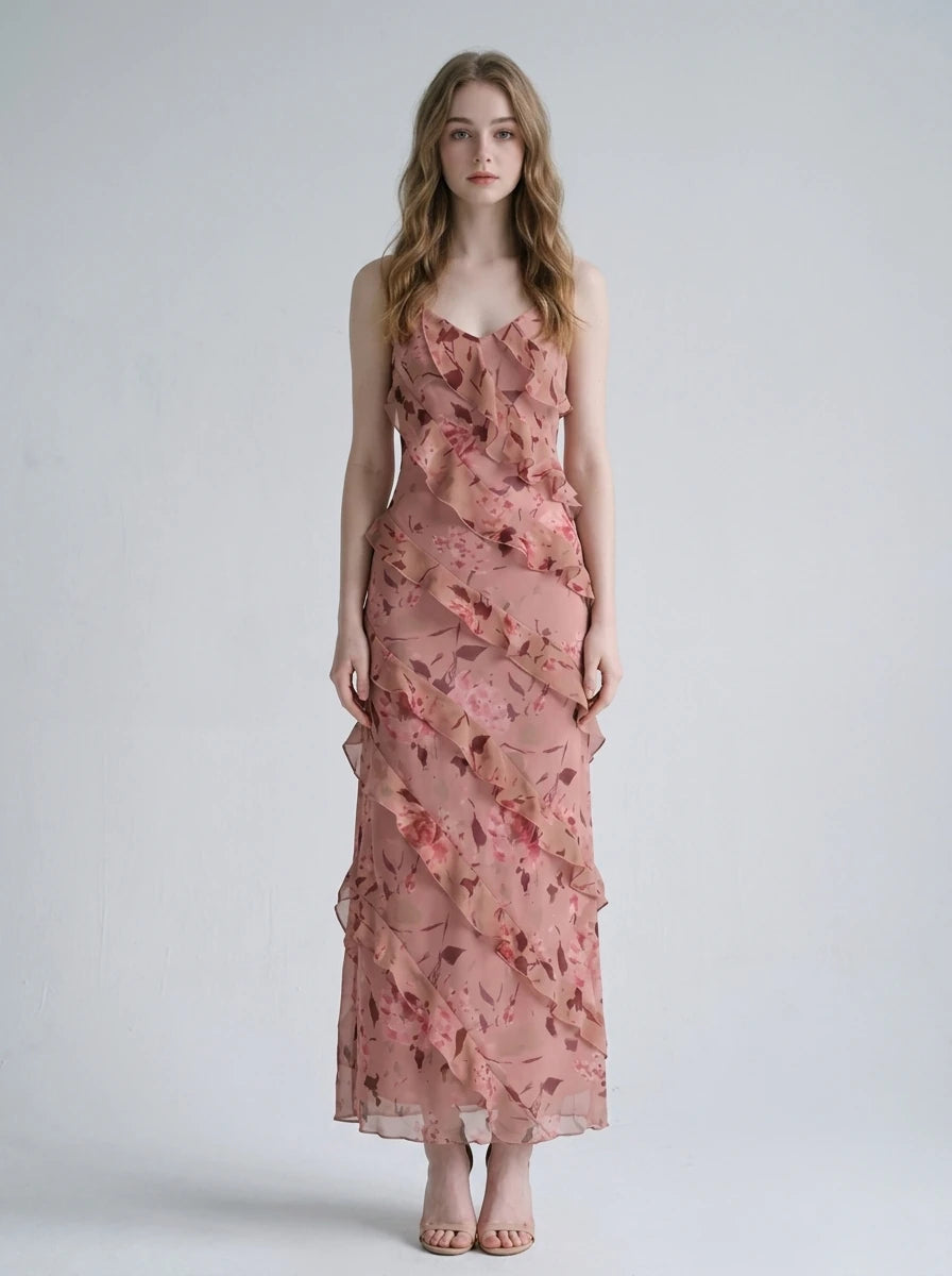 Floral V-Neck Ruffle Maxi Dress - Terracotta Pink Main image