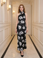 Halter Midi Dress with Drape Scarf in Black Floral