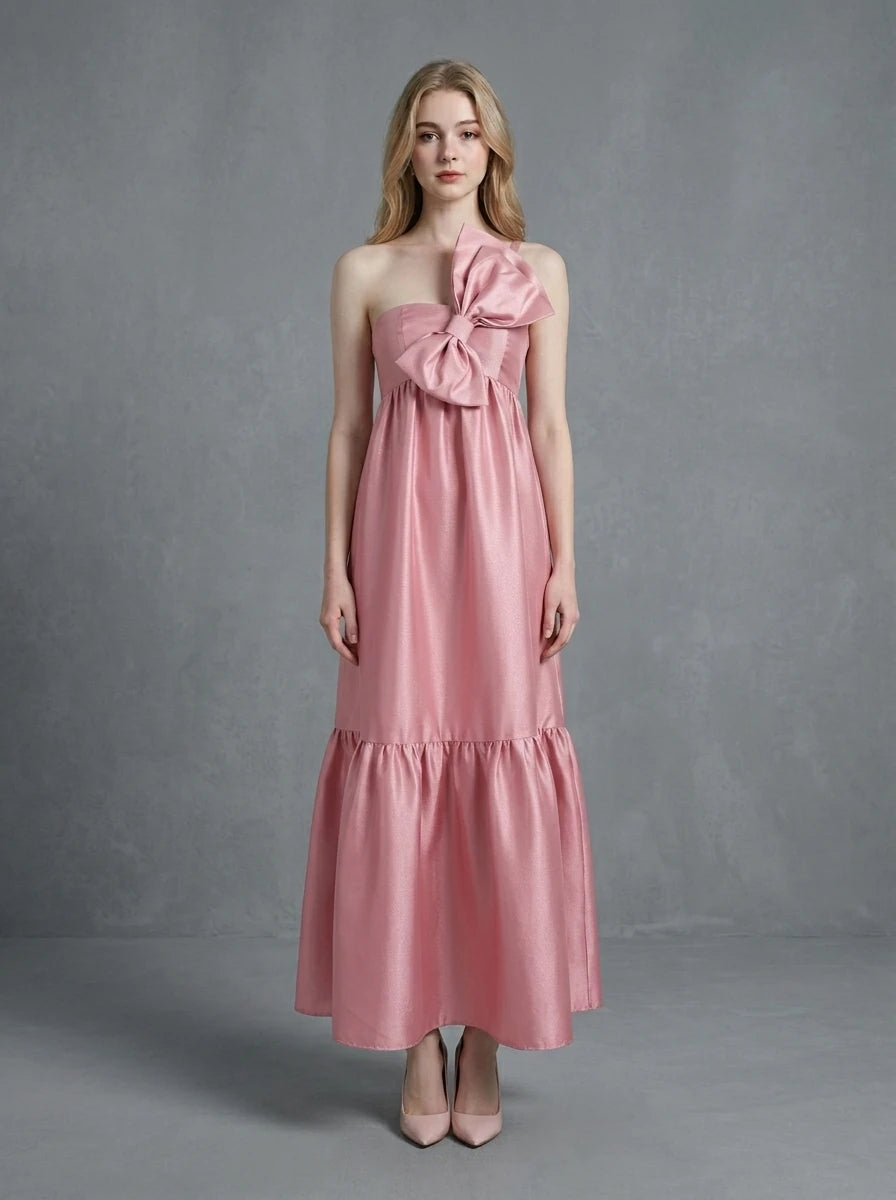 Pink Bow One Shoulder Tiered Maxi Dress Main image