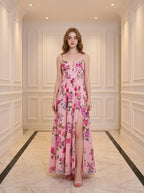 Pink Floral Lace-Up Corset Maxi Dress with Slit