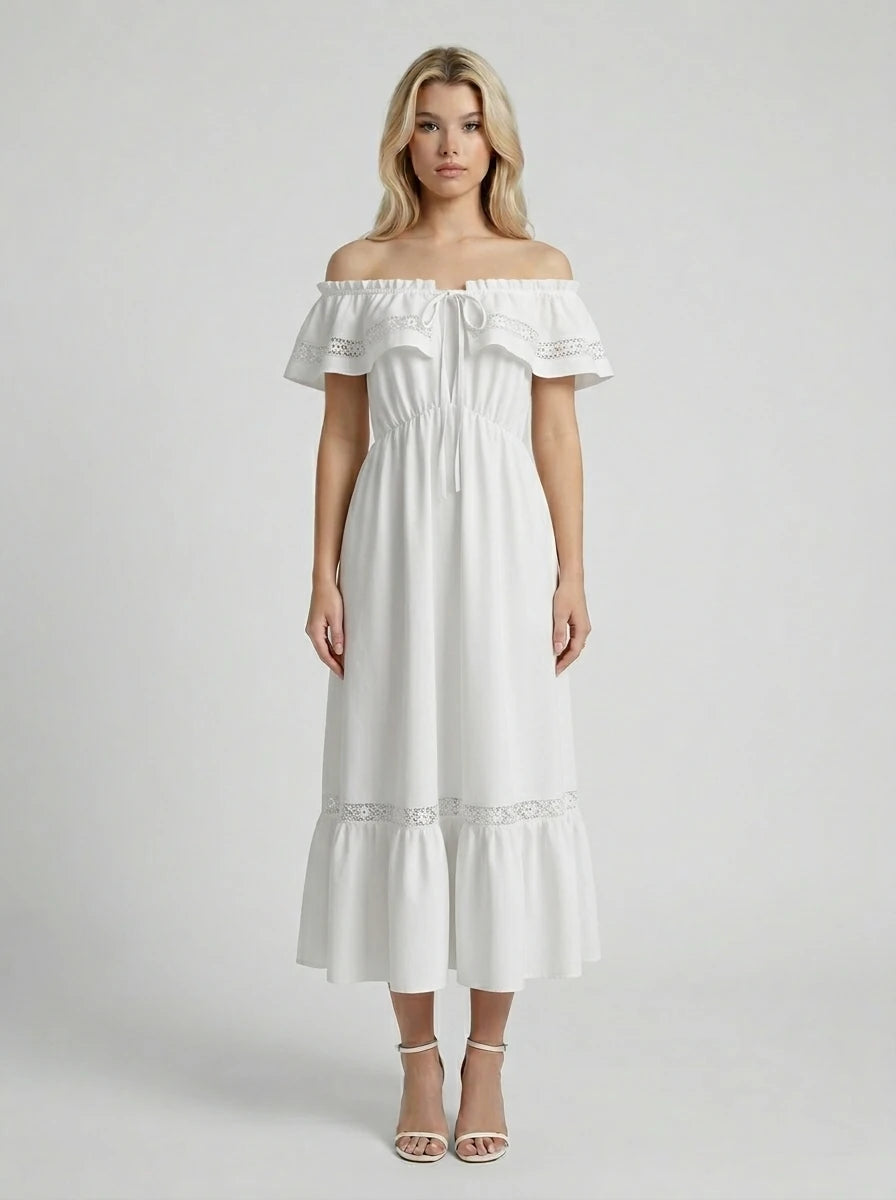 Off Shoulder Lace Cotton Maxi Dress - White Main image