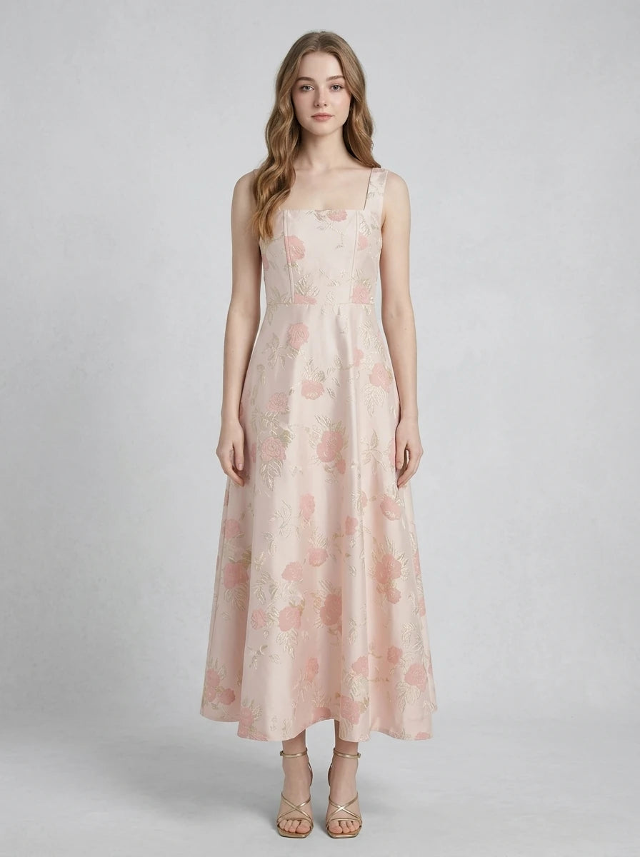 Pink Jacquard Floral Square Neck Midi Dress Main image