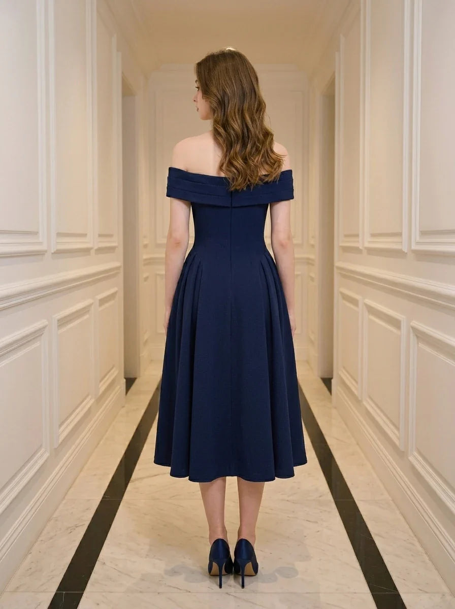 Navy Off-the-Shoulder Pleated Midi Cocktail Dress Secondary image