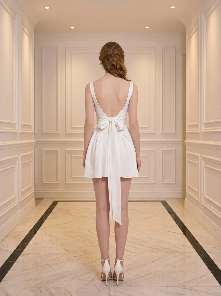 White Square Neck Backless Bow Mini Dress Secondary image