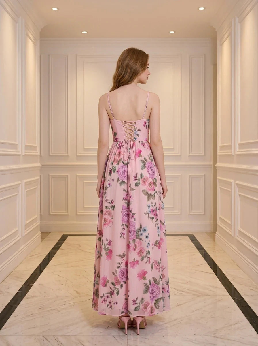 Pink Floral Lace-Up Corset Maxi Dress with Slit Secondary image