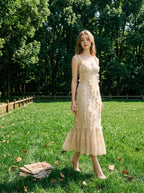 Beige 3D Floral Applique Sweetheart Midi Dress