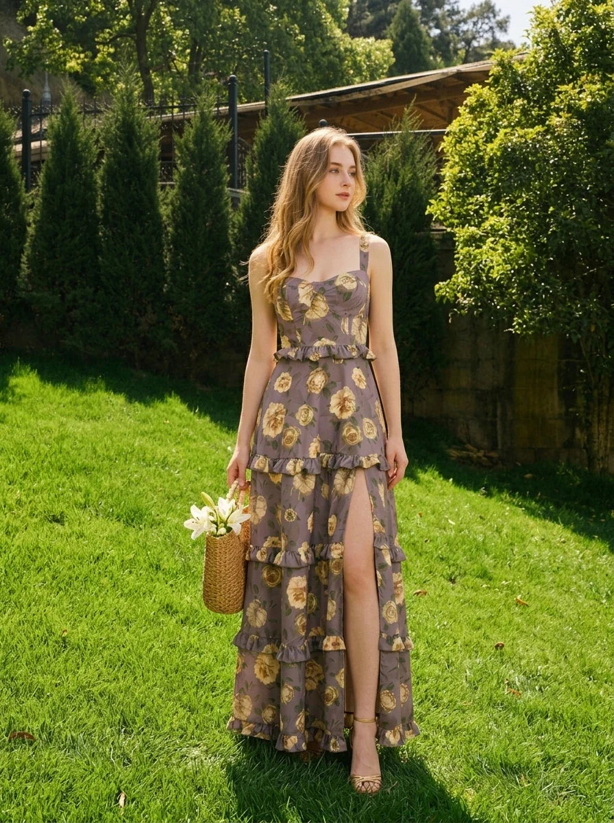 Charcoal Purple Rose Tiered Lace-Up Maxi Dress