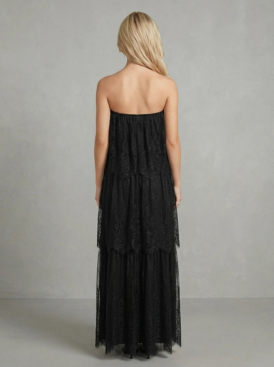 Black Strapless Tiered Floral Lace Maxi Dress