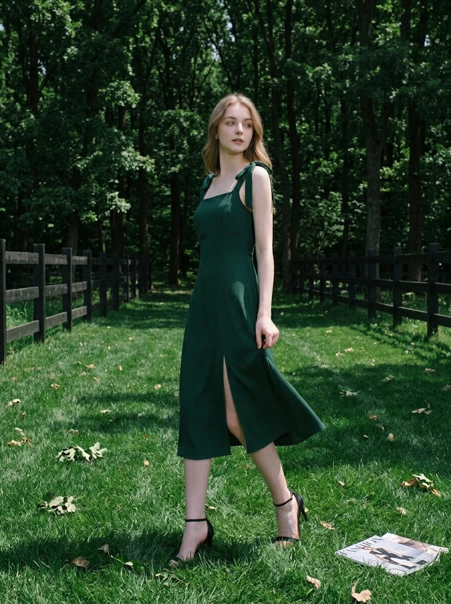 Forest Green Tie Strap Front Split Midi Dress