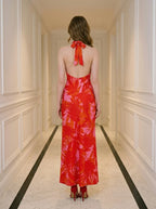 Red Tropical Palm Print Halter Maxi Dress