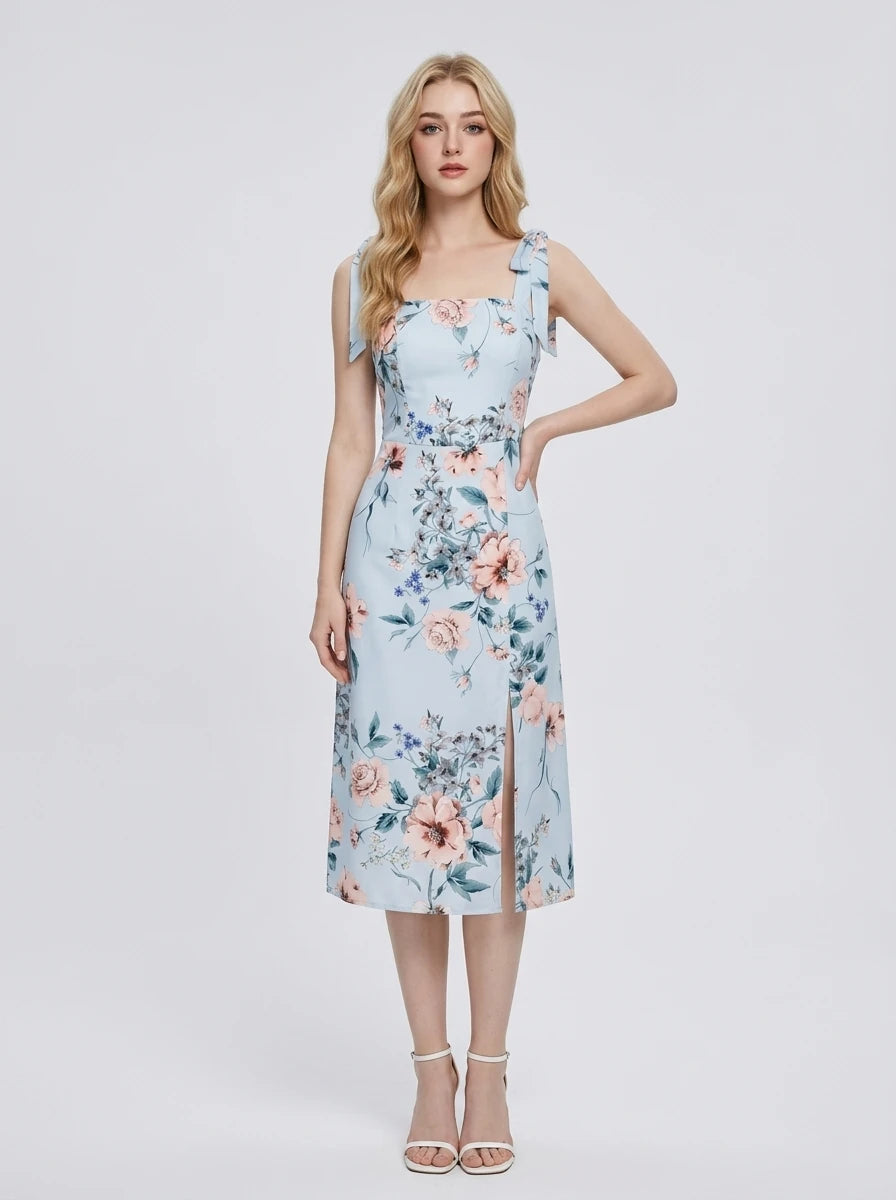 Light Blue Floral Tie Strap Midi Dress Main image