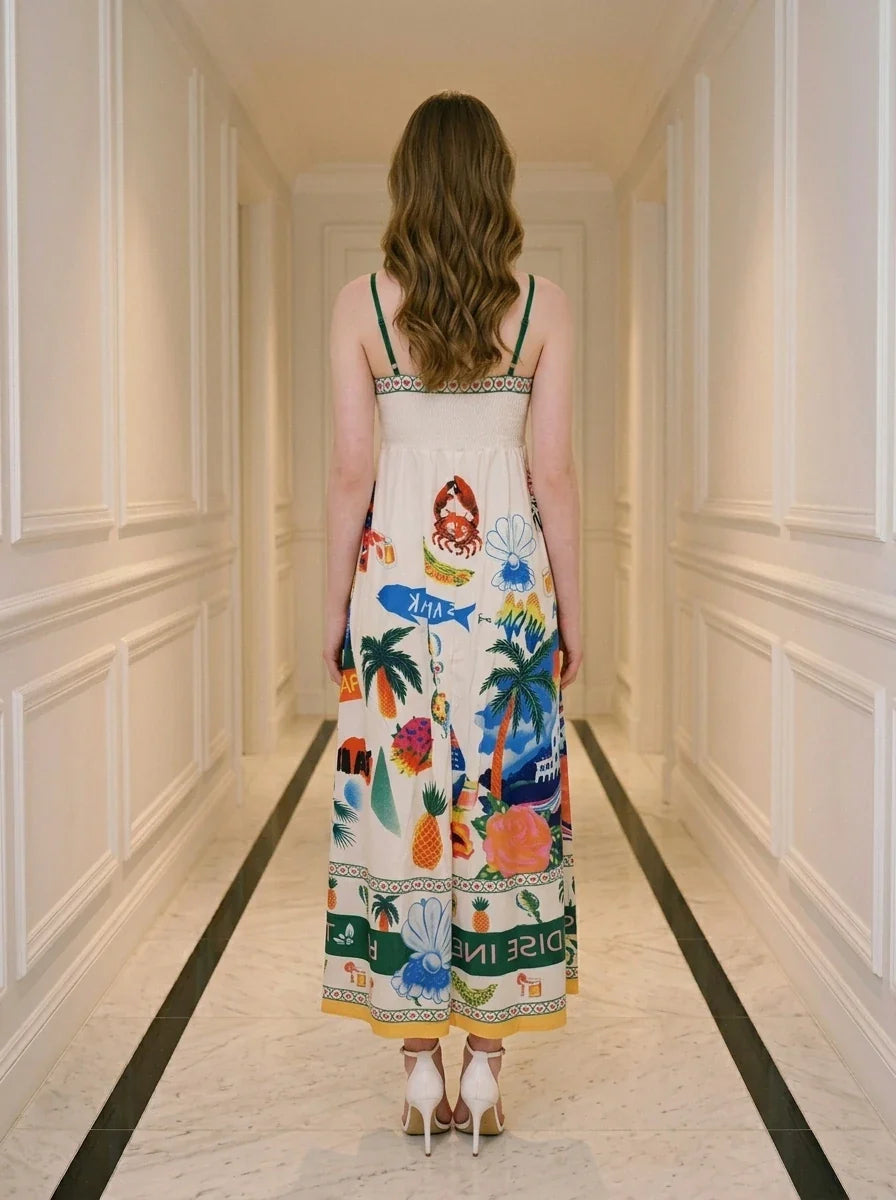 Tropical Paradise Print Smocked Maxi Dress