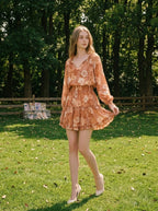 Rust Floral V-Neck Ruffle Long Sleeve Mini Dress
