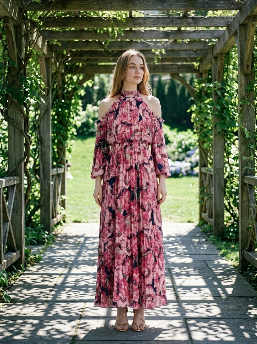 Pink Floral Pleated Off-Shoulder Maxi Dress