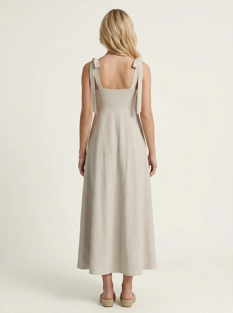 Tie Strap Empire Waist Linen Maxi Dress Beige