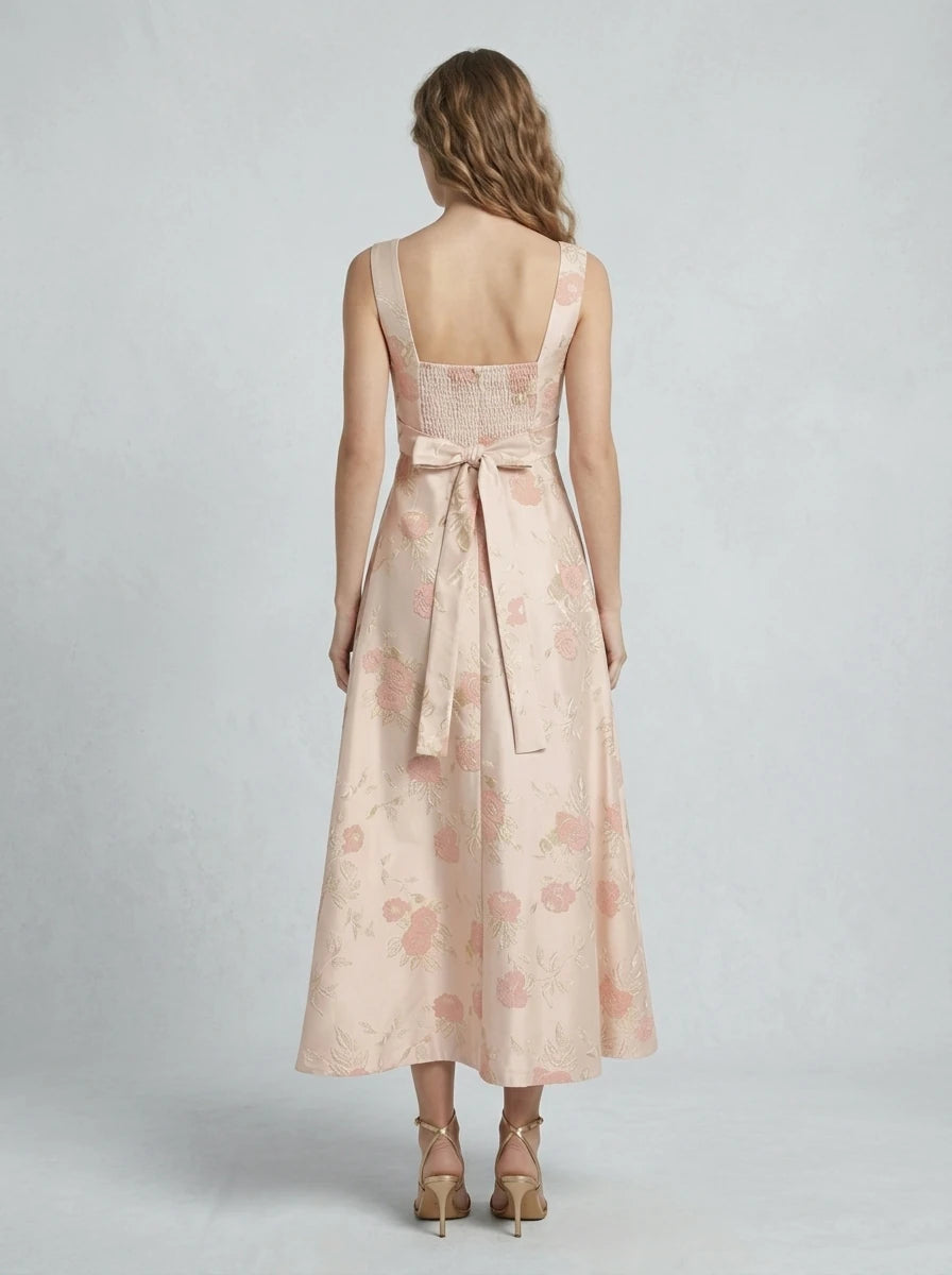 Floral Square Neck Jacquard Midi Dress - Pink Secondary image