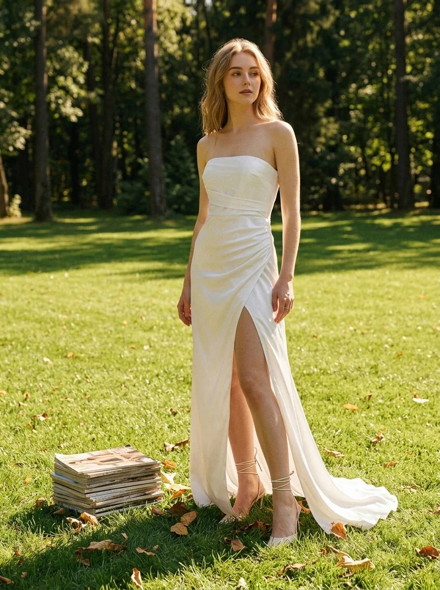 White Strapless Satin Maxi Dress with Split