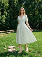 Blue-Green Striped V-Neck Shirred Midi Dress