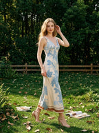 Floral V-Neck Maxi Dress in Cream and Blue