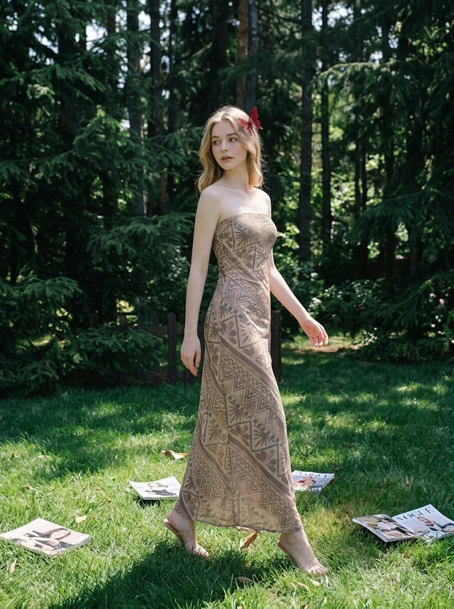 Tan Geometric Print Strapless Mesh Midi Dress