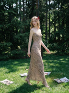 Tan Geometric Print Strapless Mesh Midi Dress