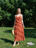Rust Tiered Ruffle V-Neck Maxi Dress