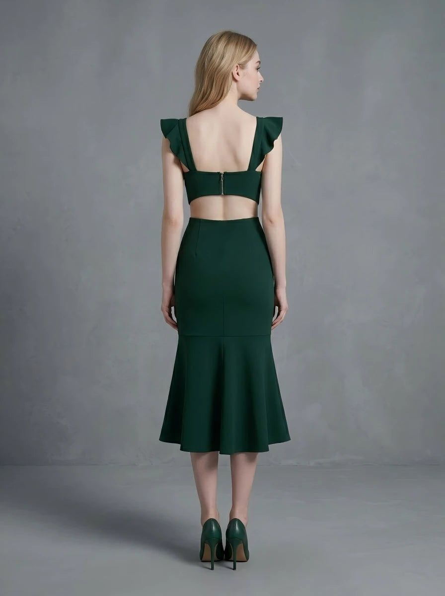 Forest Green Frill Cut Out Fishtail Midi Dress Secondary image