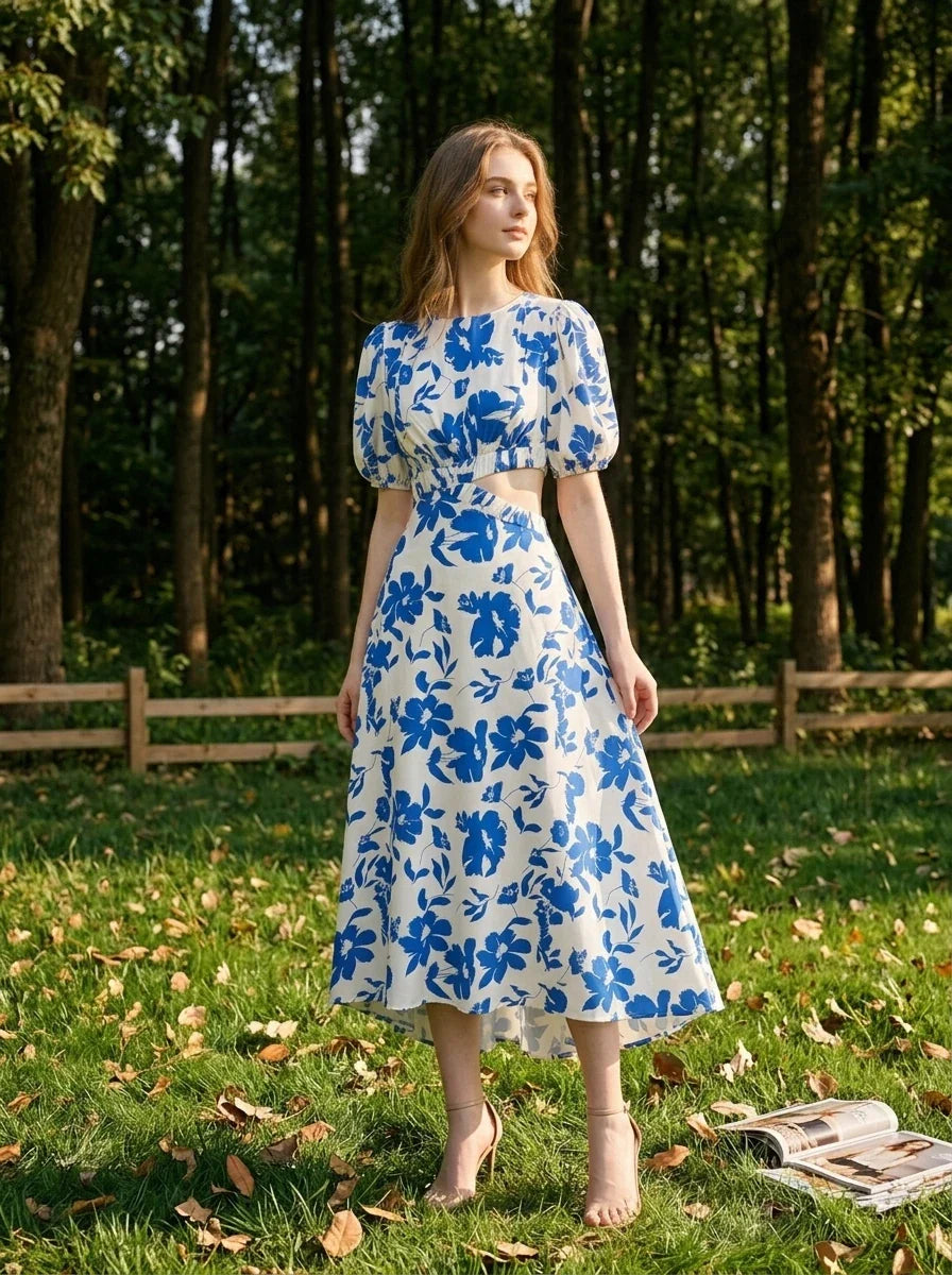 Blue Floral Cut-Out High-Low Maxi Dress