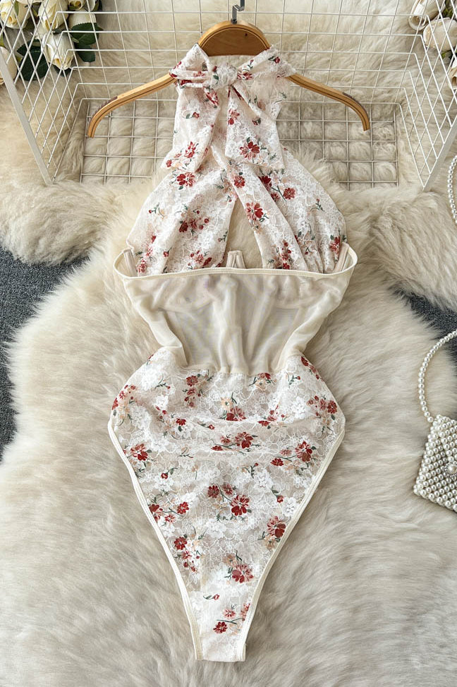 Tops Floral Print Lace Stitching Bodysuits Skinny Femme Jumpsuit Secondary image
