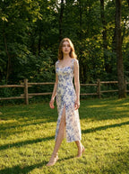 Blue Floral Tie-Strap Midi Dress with Split