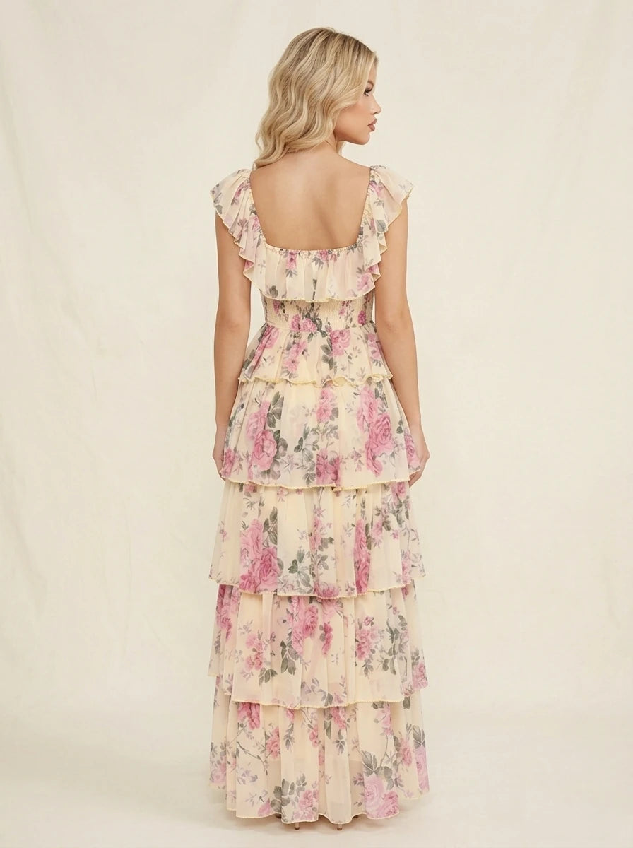 Tiered Ruffle Floral Maxi Dress - Pink Cream Secondary image