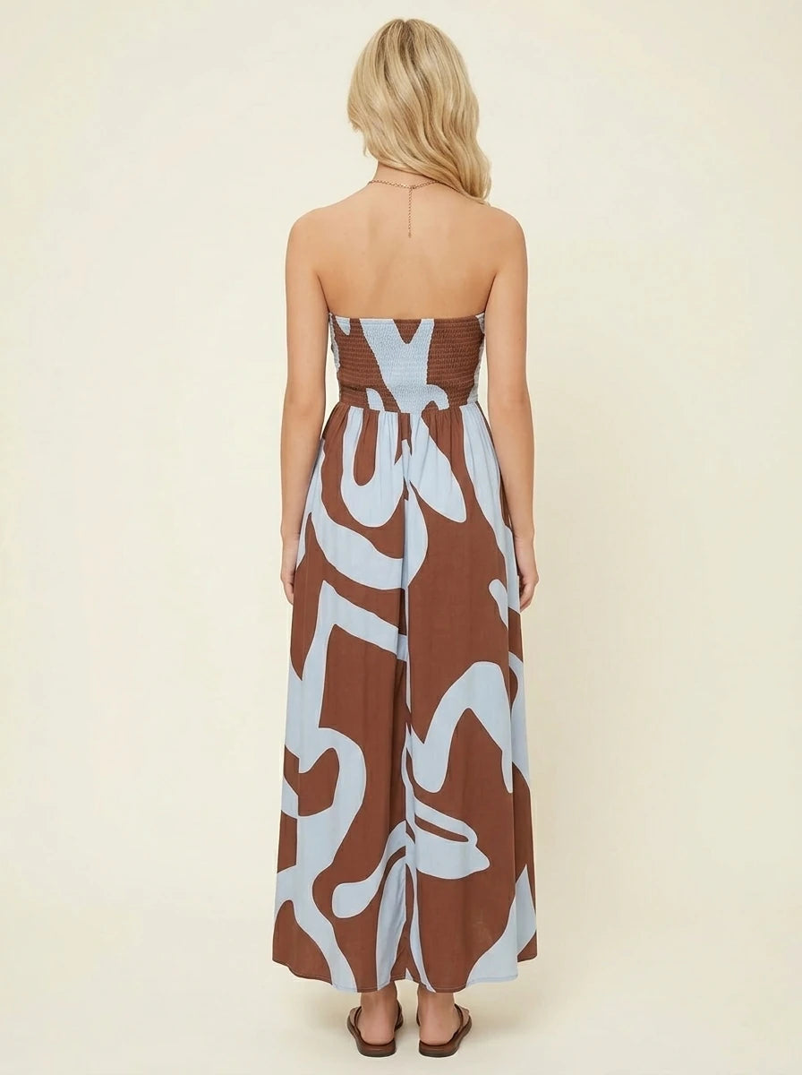 Strapless Blue Swirl Abstract Print Maxi Dress Secondary image