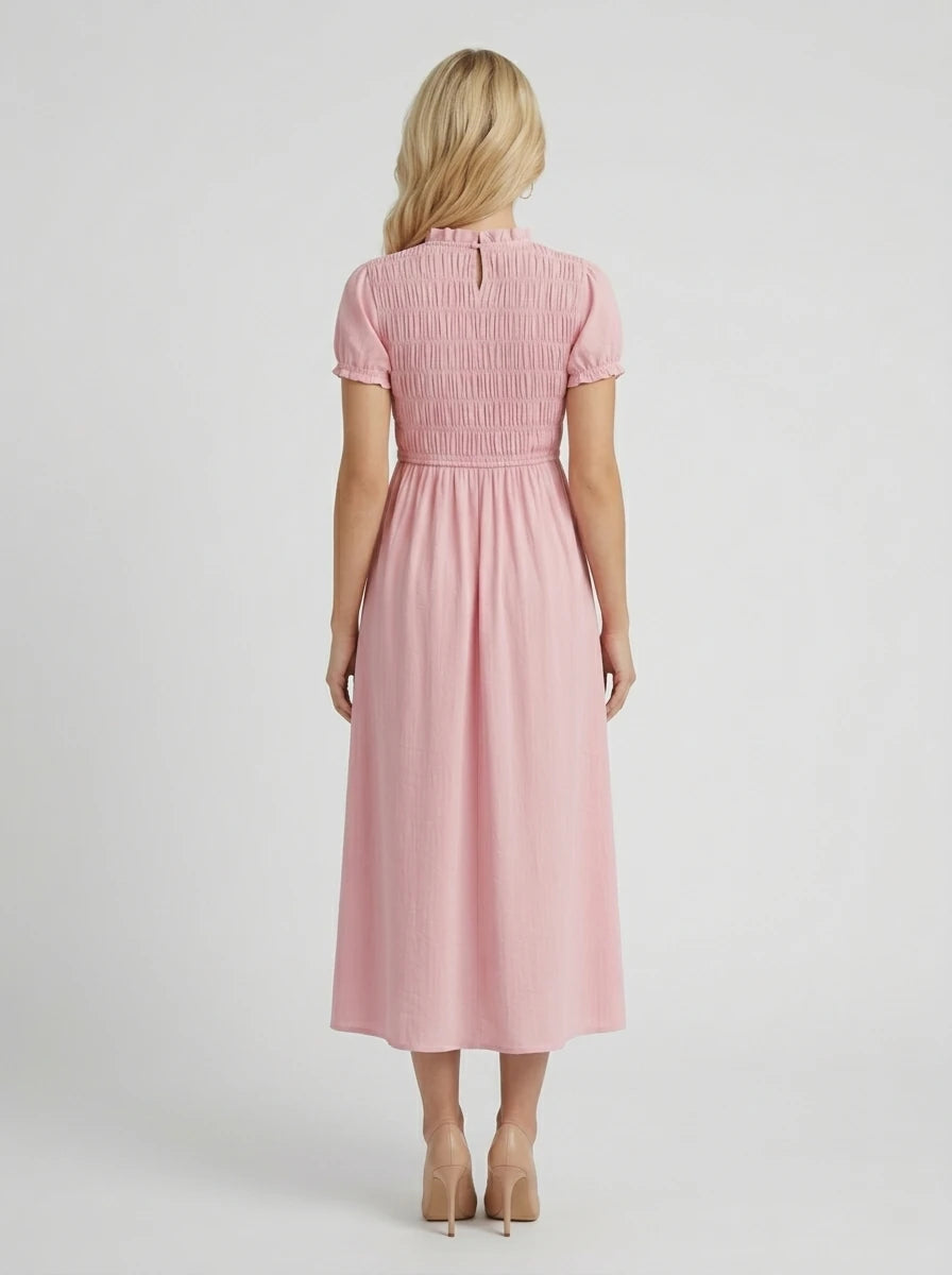 Smocked Linen Blend Short Sleeve Maxi Dress - Pink
