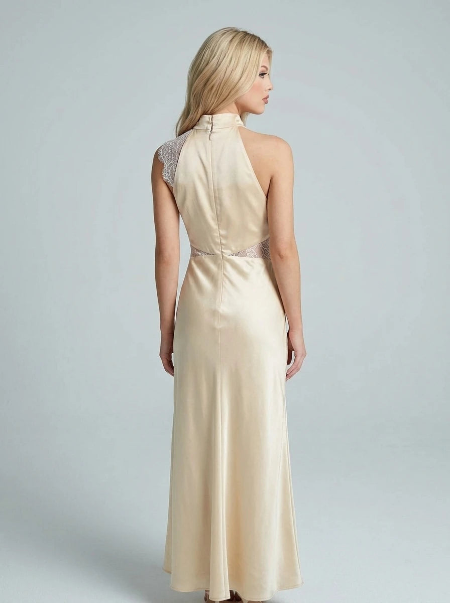 Asymmetric Lace Trim Satin Maxi Dress - Champagne