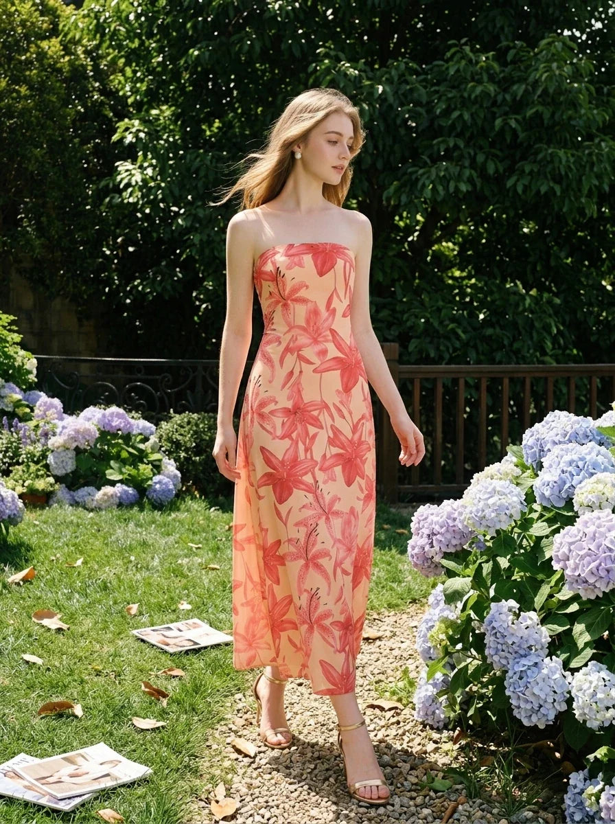 Strapless Floral Maxi Dress in Peach and Coral