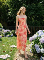 Strapless Floral Maxi Dress in Peach and Coral