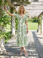 Green Palm Print Puff Sleeve Midi Dress