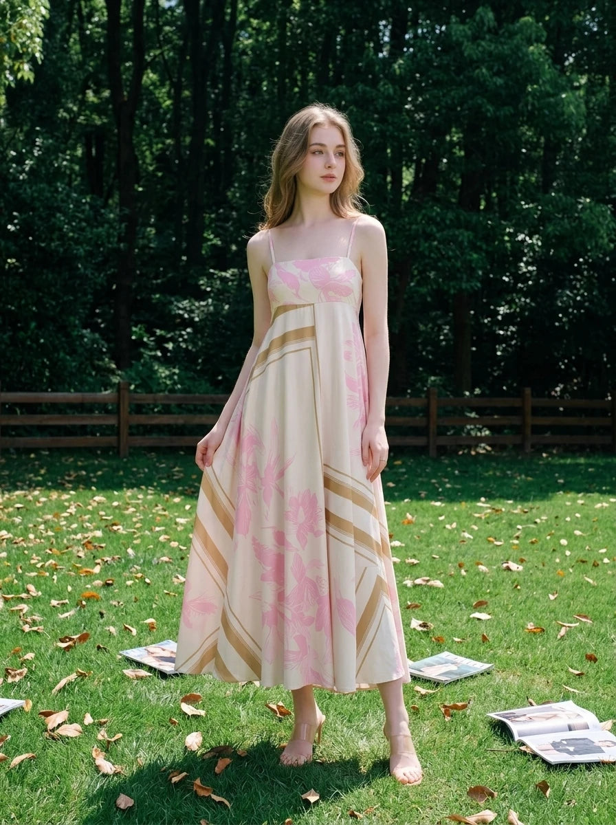 Pink Floral Square Neck Satin Maxi Dress