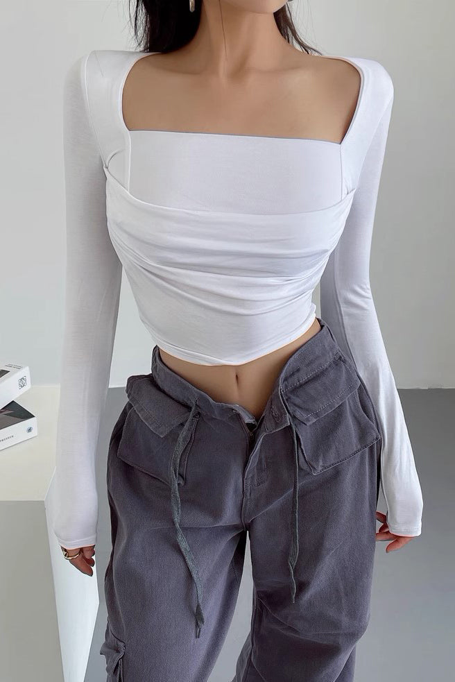 Pleated Waist Tight Square Neck Long Sleeved Top Secondary image