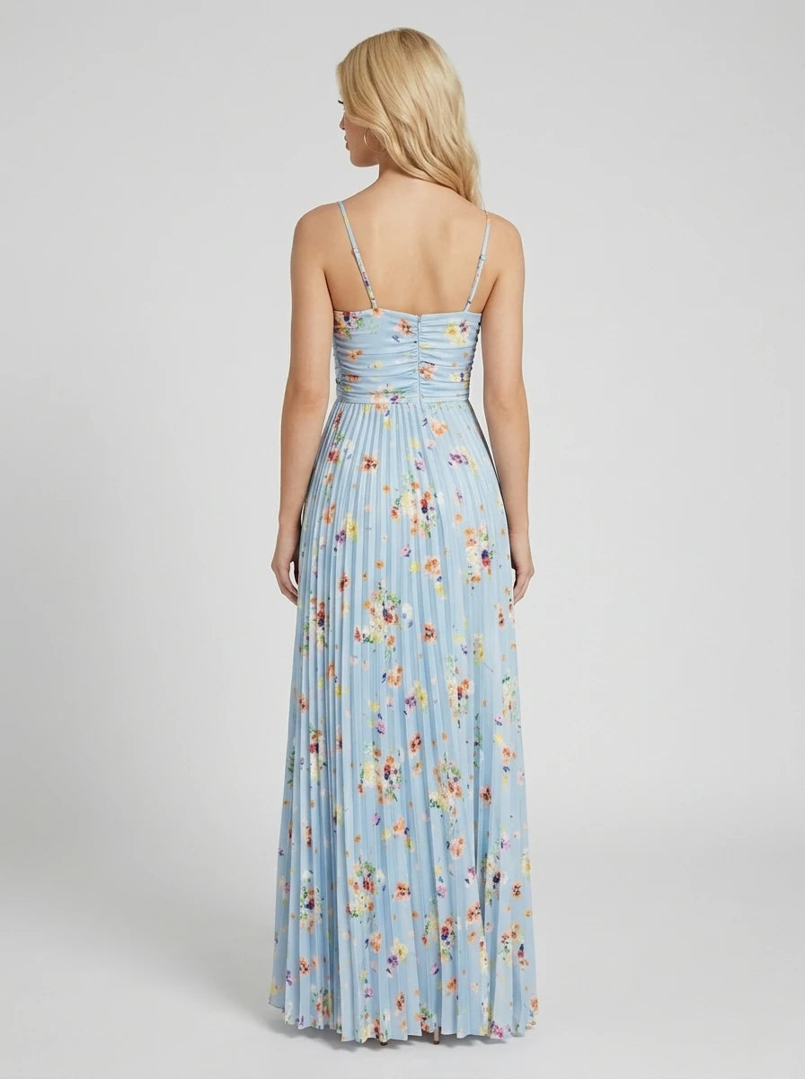 Pleated Floral Satin Maxi Dress - Light Blue Secondary image