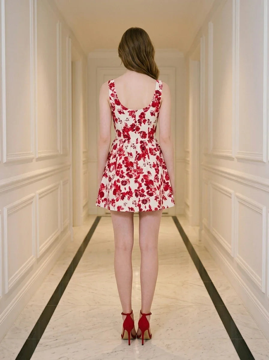 Red Floral Square Neck Skater Mini Dress