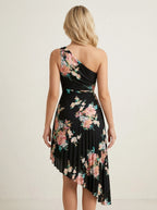 Black Floral One Shoulder Pleated Maxi Dress
