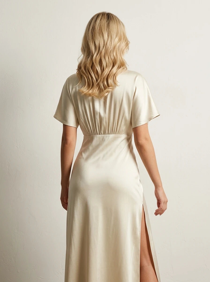 Champagne V-Neck Satin Maxi Dress with Side Split Secondary image