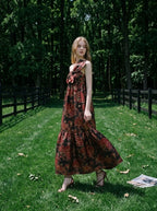 Red Floral Gold Metallic One Shoulder Maxi Dress