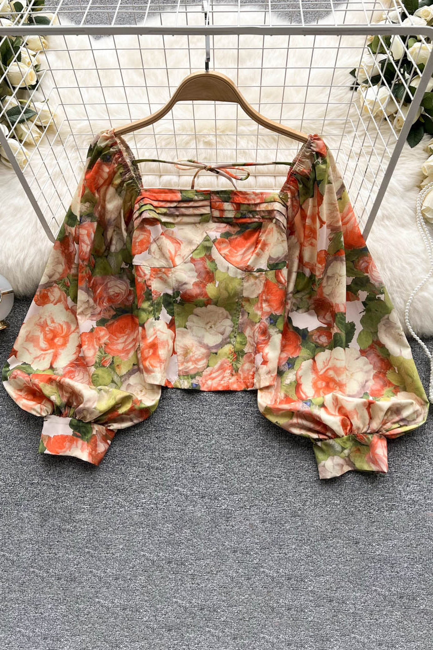 Floral Print Blouse Square Neck Long Lantern Sleeves Top Ladies Beach Vintage Blouse Secondary image