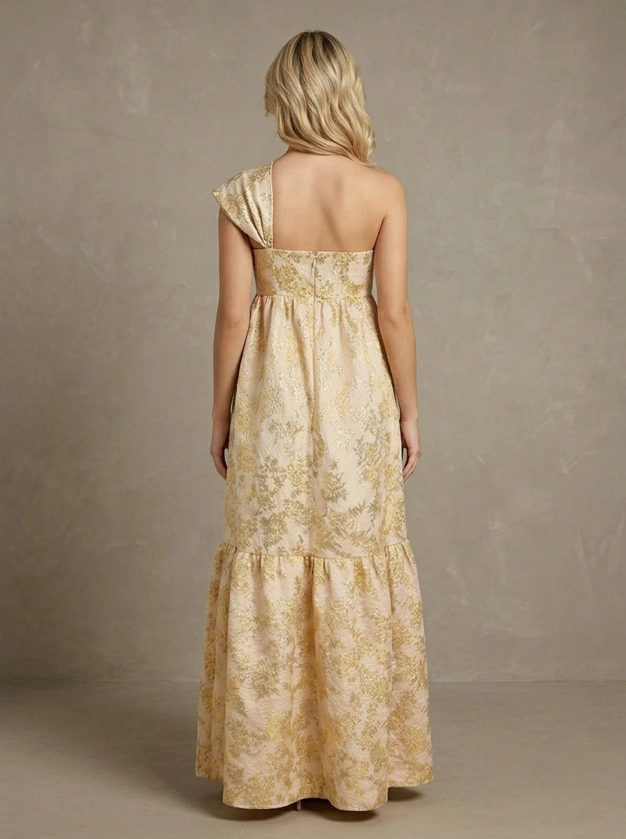 Gold Floral Metallic One Shoulder Maxi Dress