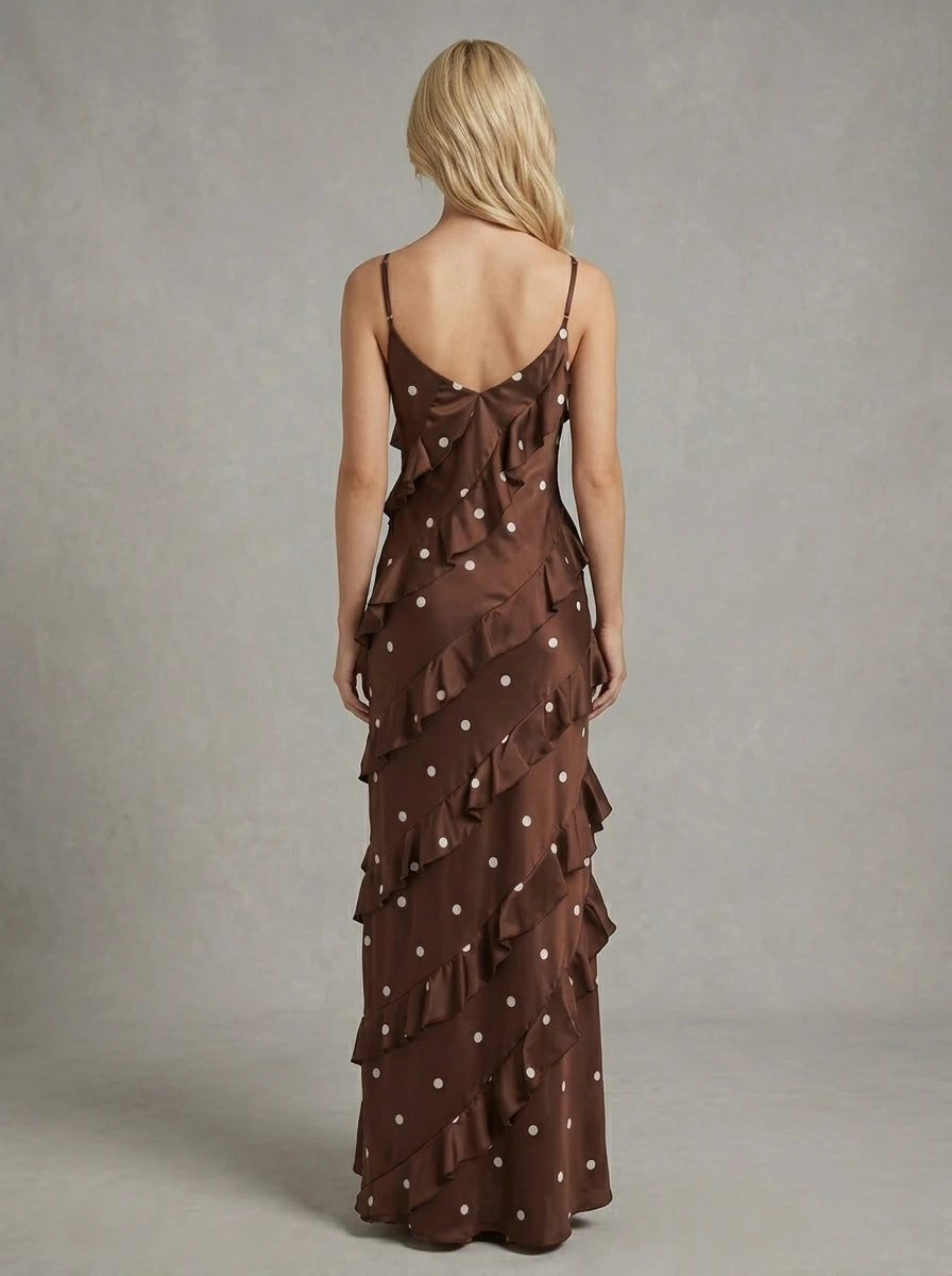 Brown Polka Dot Ruffle Satin Maxi Dress Secondary image