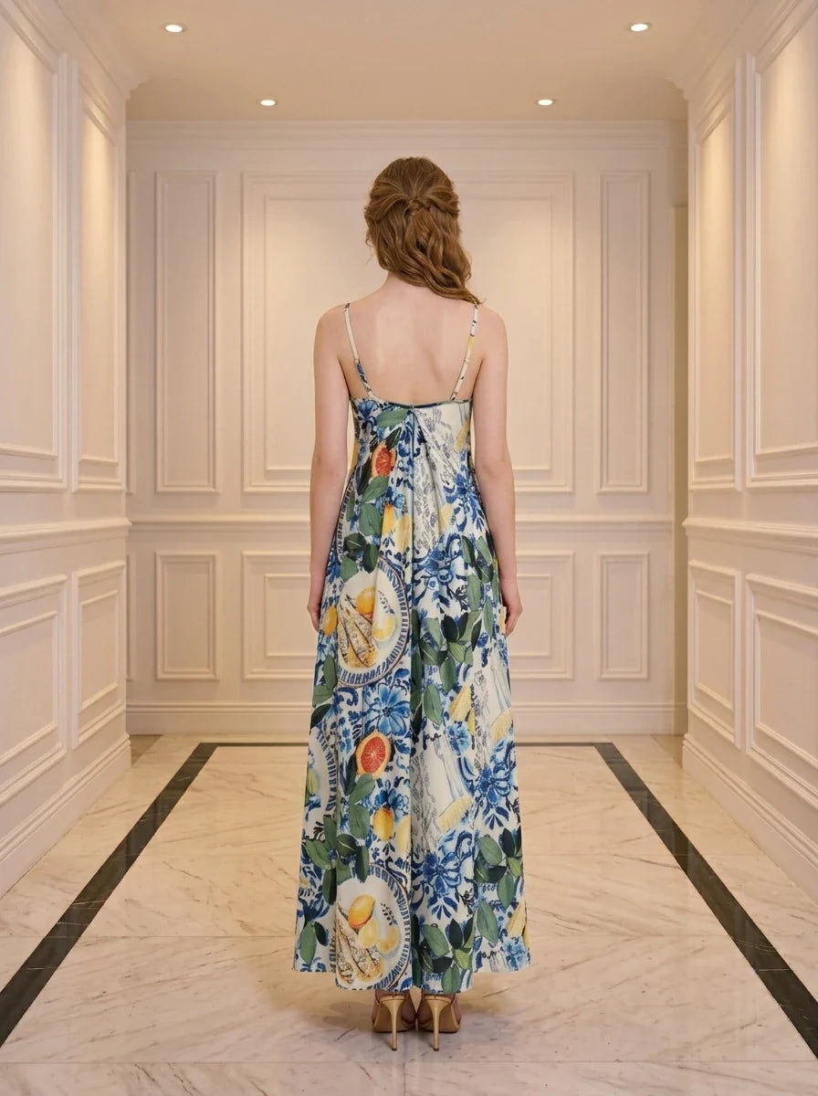 Blue Majolica & Lemon Print Cami Maxi Dress