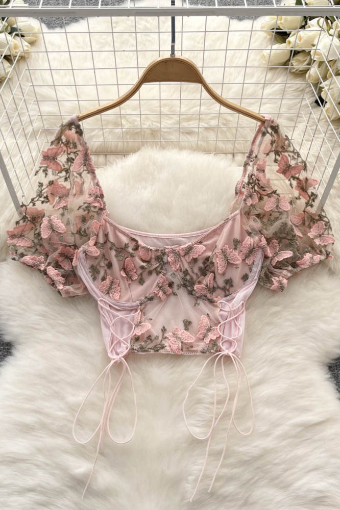 Mesh Patchwork Blouses For Drawstring See Through Shirt Tops Print Woman Top Main image