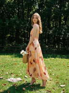 Peach Tropical Leaf Asymmetric V-Neck Midi Dress